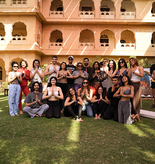 The whole gathering together outside the fort at sunset